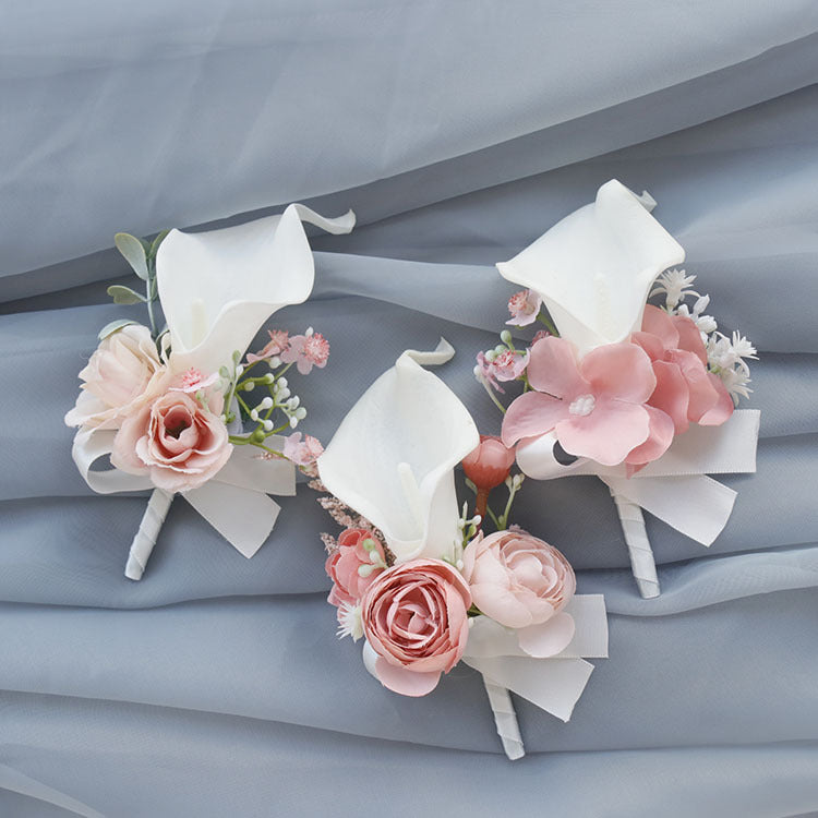 Ensemble de corsage et boutonnière de fleurs artificielles en vrac rose et blanc en gros