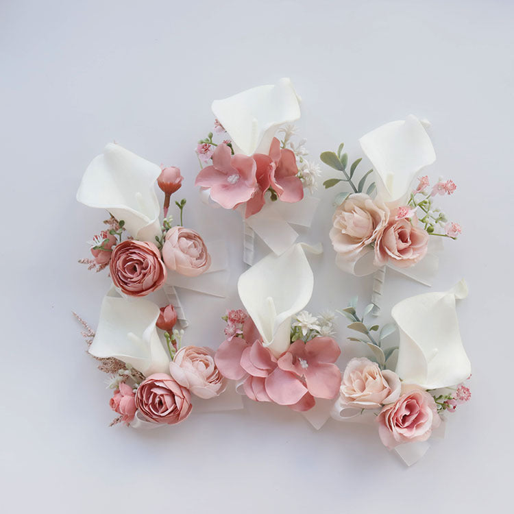 Ensemble de corsage et boutonnière de fleurs artificielles en vrac rose et blanc en gros