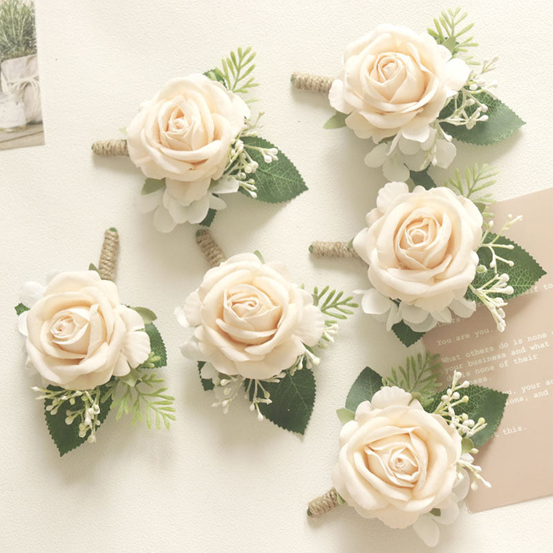 Bulk Cream Rose Wrist Corsage Bracelet Wristlet Band and Men Boutonniere for Wedding Wholesale