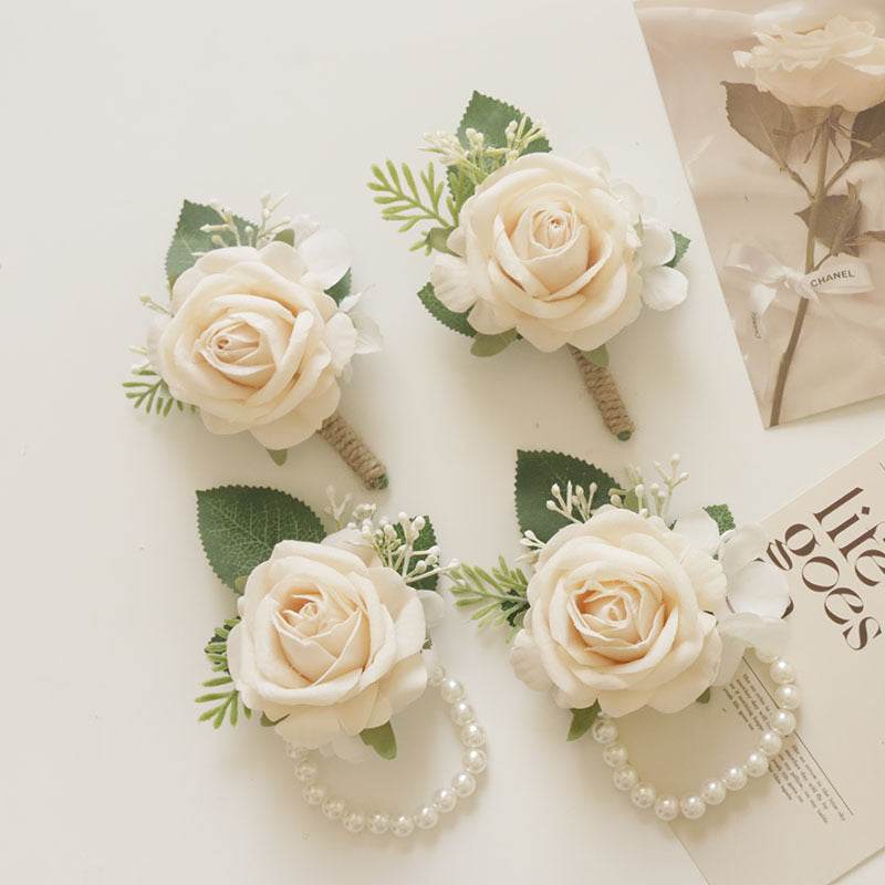 Bulk Cream Rose Wrist Corsage Bracelet Wristlet Band and Men Boutonniere for Wedding Wholesale