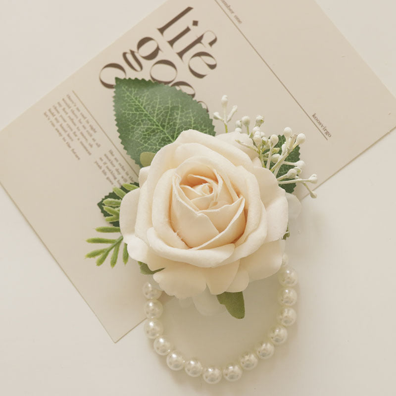 Bulk Cream Rose Wrist Corsage Bracelet Wristlet Band and Men Boutonniere for Wedding Wholesale
