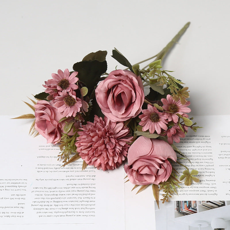 Bulk 11.8" Artificial Rose Bush Bouquet Mixed with Mum & Daisy Realistic Small Flowers for Table Small Arrangement Home Decor Wedding DIY Wholesale