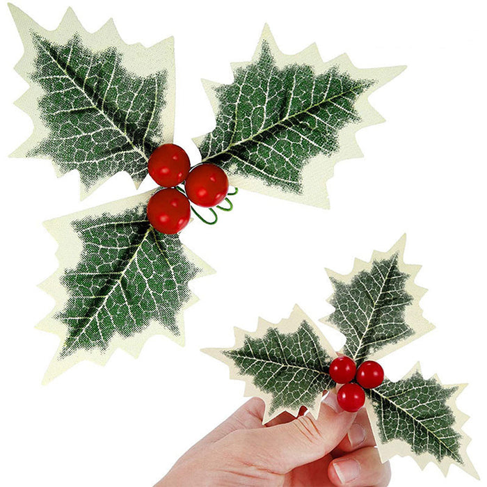 Bulk 50Pcs Fake Christmas Greenery Tree Leaves with Holly Berries for Xmas Tree Ornaments Wholesale