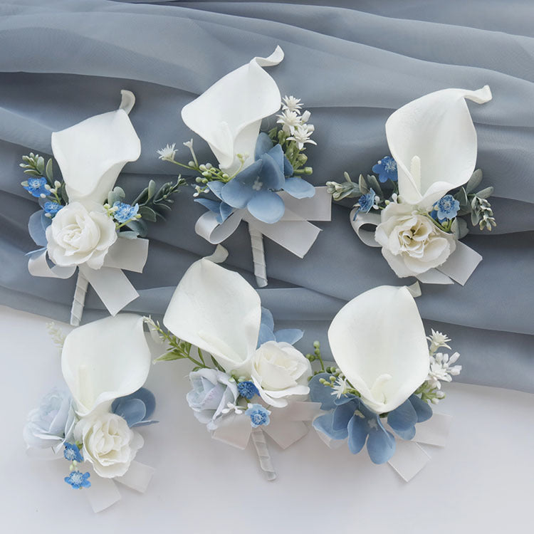 Bulk Set of White and Blue Calla Lily Corsage and Boutonniere Wholesale