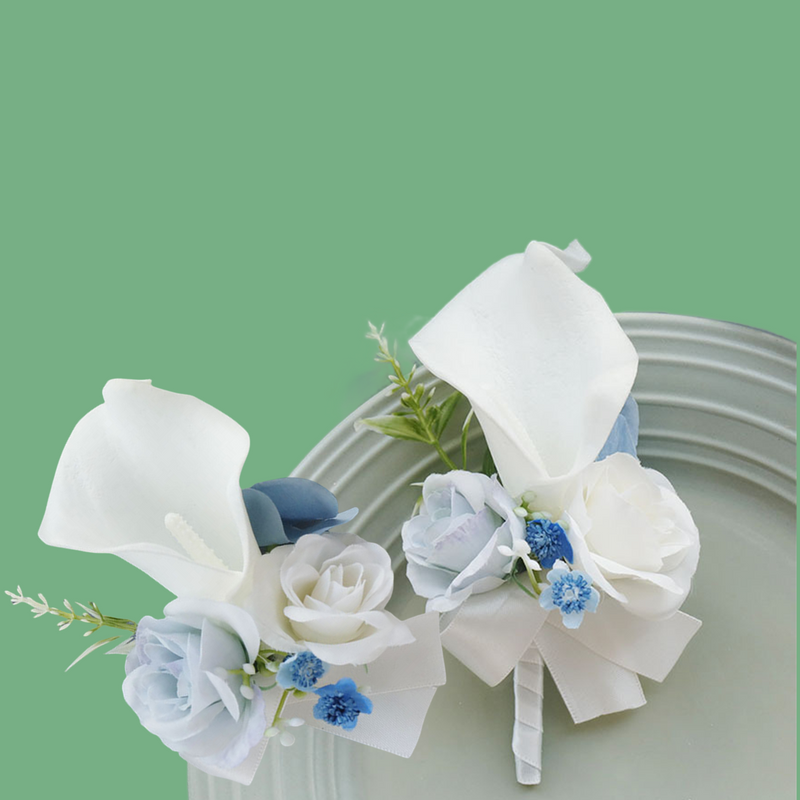Bulk Set of White and Blue Calla Lily Corsage and Boutonniere Wholesale