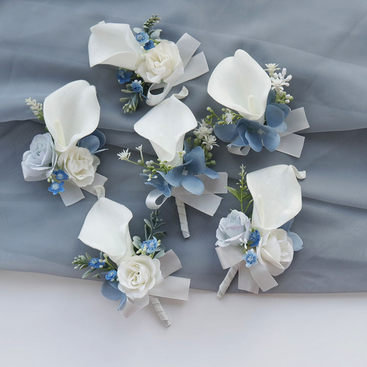 Bulk Set of White and Blue Calla Lily Corsage and Boutonniere Wholesale
