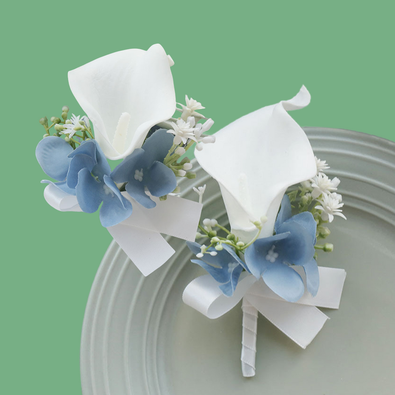 Bulk Set of White and Blue Calla Lily Corsage and Boutonniere Wholesale