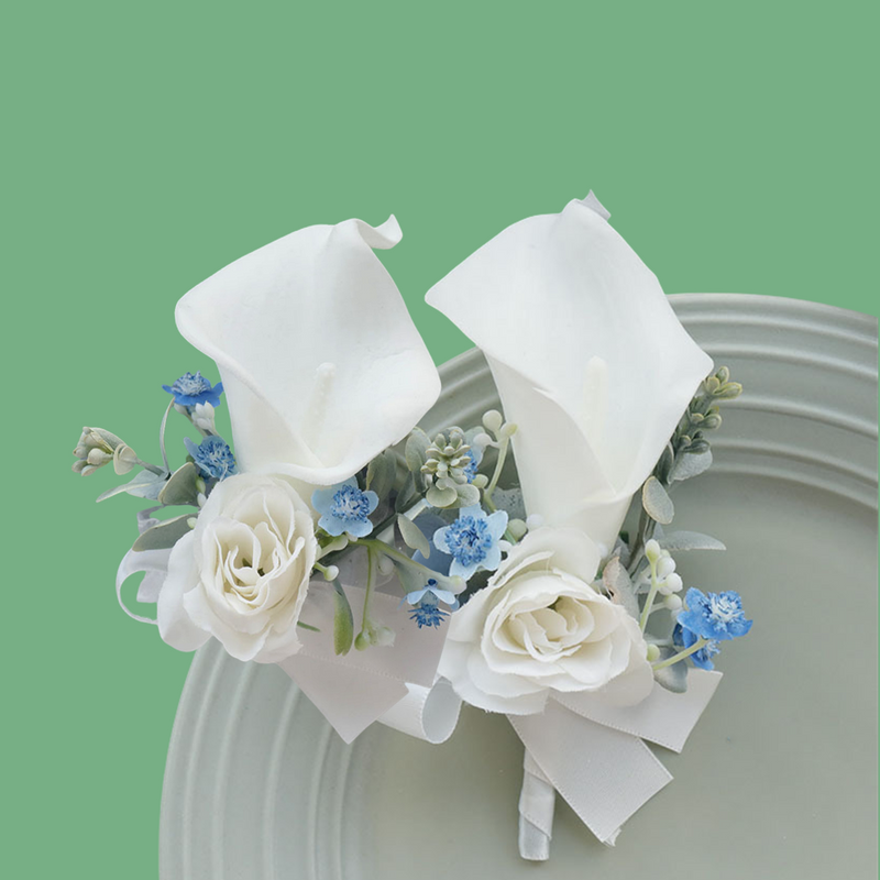 Bulk Set of White and Blue Calla Lily Corsage and Boutonniere Wholesale