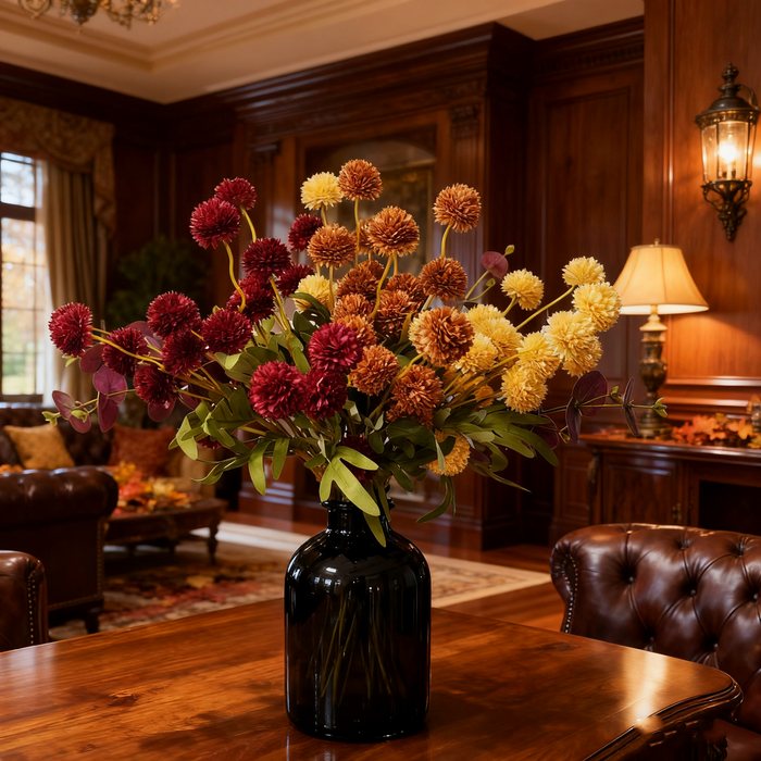 Bulk 17 Branches Fall Artificial Silk Mums Centerpiece - Burnt Orange Deep Yellow & Deep Red Kiku Flowers with Plum Eucalyptus Wholesale