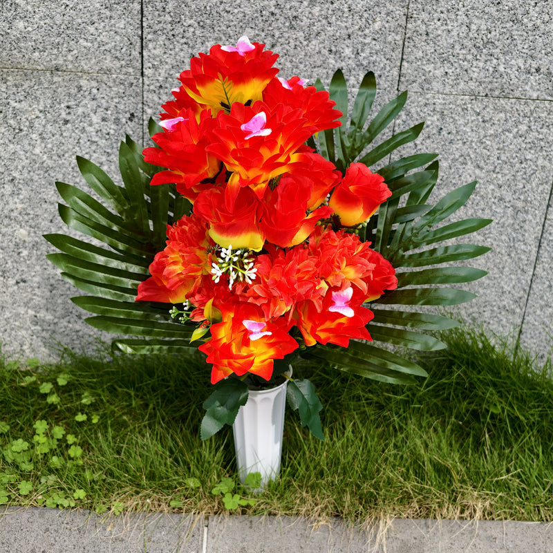 Bulk 18" 24 Stems Fall Artificial Sunset Cemetery Flowers with Vase - Grave Memorial Decor Wholesale