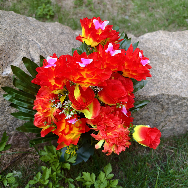 Bulk 18" 24 Stems Fall Artificial Sunset Cemetery Flowers with Vase - Grave Memorial Decor Wholesale