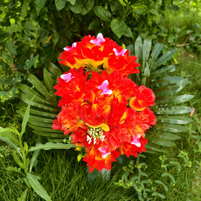 Bulk 18" 24 Stems Fall Artificial Sunset Cemetery Flowers with Vase - Grave Memorial Decor Wholesale