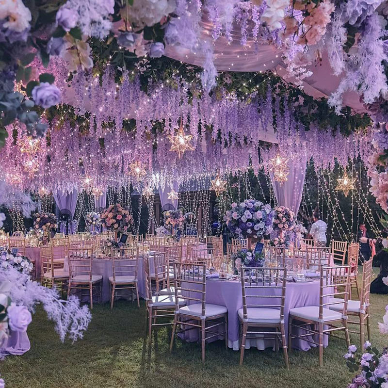 A granel 12 piezas de flores artificiales Wisteria Flores colgantes Guirnalda Ratán Vid Decoraciones de flores falsas para boda Fiesta Jardín en casa Ceremonia al aire libre Decoración floral al por mayor 