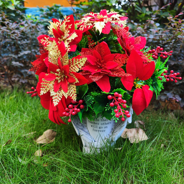 Bulk Exclusive Christmas Cemetery Flowers Poinsettia Bouquet Grave Vase with Angel Wings Wholesale