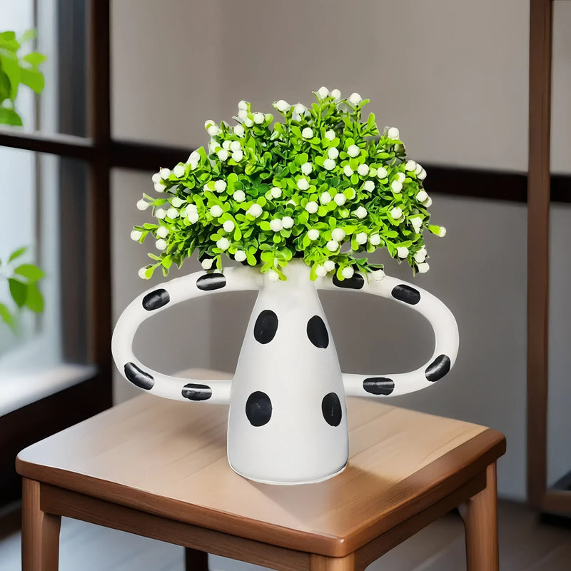 Bulk 10" Faux Greenery Baby's Breath Bouquets in Polkadots Patterned Ceramic Vase Potted Flowers Wholesale