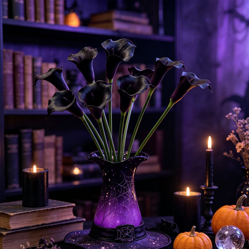 Bulk 6 Pcs 26 Inch Real Touch Black Purple Calla Lily Artificial Flowers for Gothic Home Decor, Fall Halloween Arrangement
