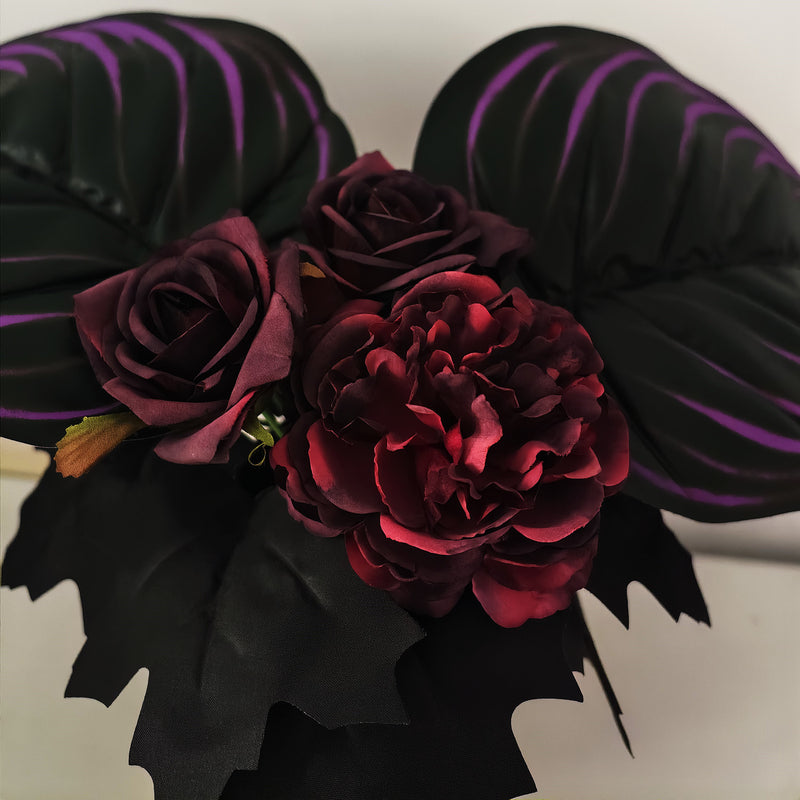 Bulk 8" Pre-Made Halloween Artificial Flower Arrangement – Black Purple Burgundy Blooms & Leaves in Elegant Golden Vase