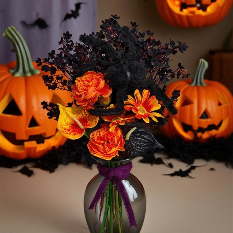 Bulk 16" Halloween Faux Flower Bouquet with Plush Spider Decor Wholesale