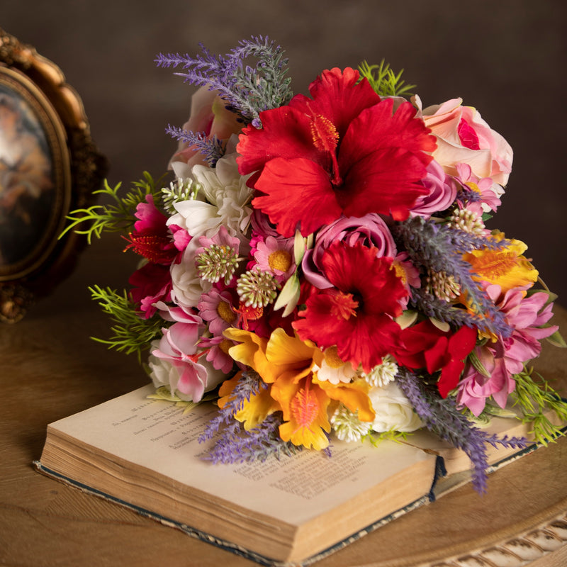 Bulk 9” Hibiscus Bridal Bouquet Mixed Rose Daisy Lavender Dahlia Artificial Flowers for Wedding Wholesale