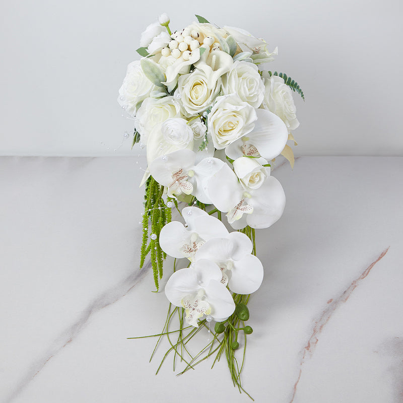 white lily and rose bridal bouquet Bulk 9" Ivory And White Cascading Bridal Bouquet Orchid Rose Calla Lily Wedding Bouquet Wholesale