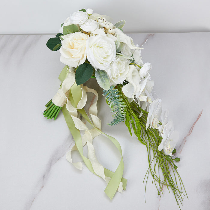 Bulk 9" Ivory And White Cascading Bridal Bouquet Orchid Rose Calla Lily Wedding Bouquet Wholesale