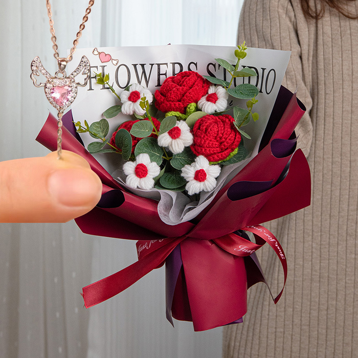 Bulk 2Pcs Knitted Bouquet Rose Gifts Necklace Valentine's Day Gifts Wholesale