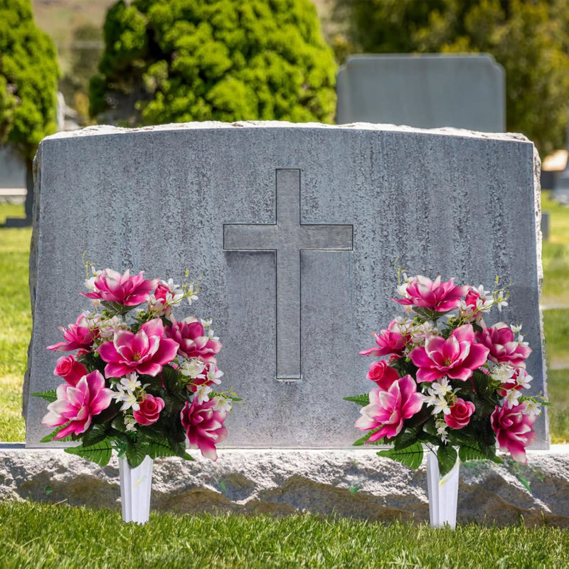 Bulk 2 Sets 18" Large Artificial Cemetery Flowers with Vase for Grave Wholesale