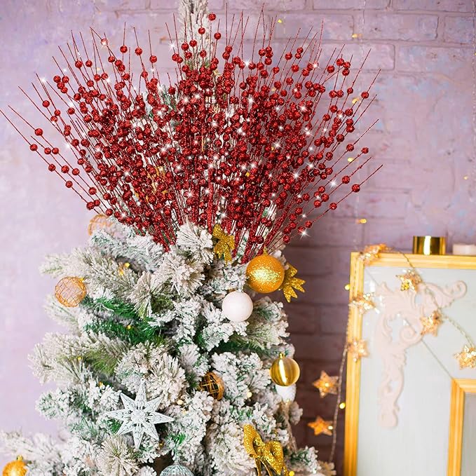 Bulk Update 50 Stems Christmas Glitter Berry Bush Ornaments for Christmas Tree Wreath Crafts Wholesale