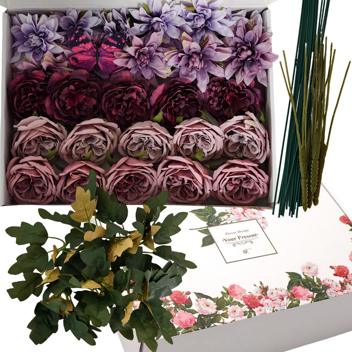 Bulk Luxury Box Plum Velvet Accent Artificial Silk Flowers Peony Dahlia with Stems for DIY Wedding