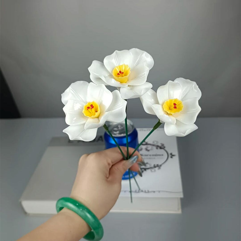 Bulk 3pcs Porcelain Narcissus Flowers Stems Crafts Ceramic Floral Decoration Wholesale