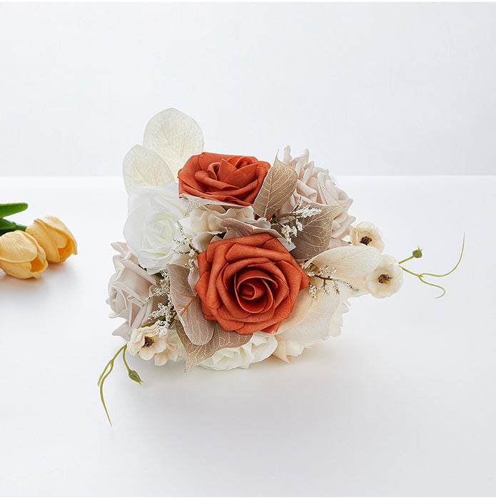 Bulk Set of 7pcs Champagne And Orange Rose Bridal Bouquet And Bridesmaid Bouquet Wholesale