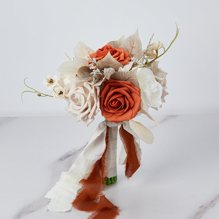 Bulk Set of 7pcs Champagne And Orange Rose Bridal Bouquet And Bridesmaid Bouquet Wholesale