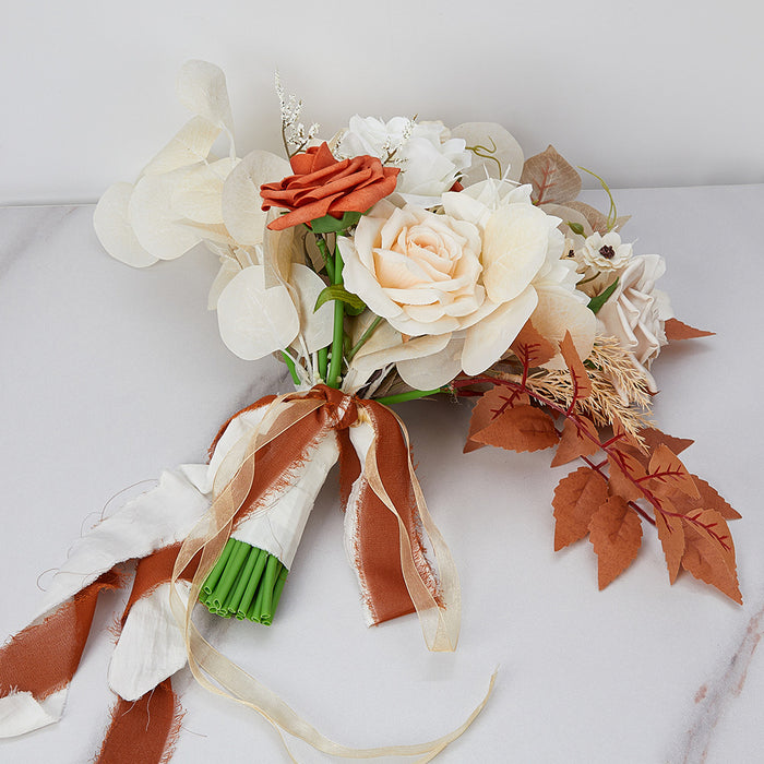 Bulk Set of 7pcs Champagne And Orange Rose Bridal Bouquet And Bridesmaid Bouquet Wholesale