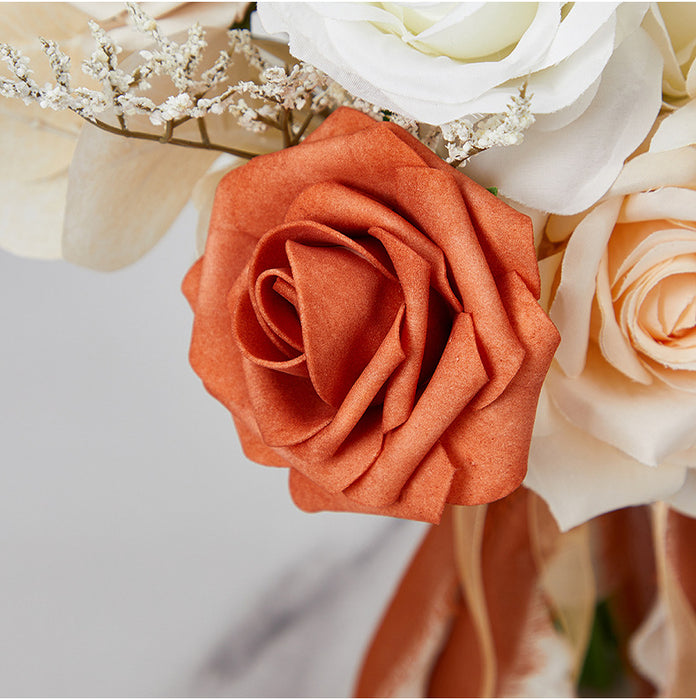 Bulk Set of 7pcs Champagne And Orange Rose Bridal Bouquet And Bridesmaid Bouquet Wholesale