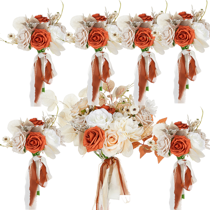 Bulk Set of 7pcs Champagne And Orange Rose Bridal Bouquet And Bridesmaid Bouquet Wholesale