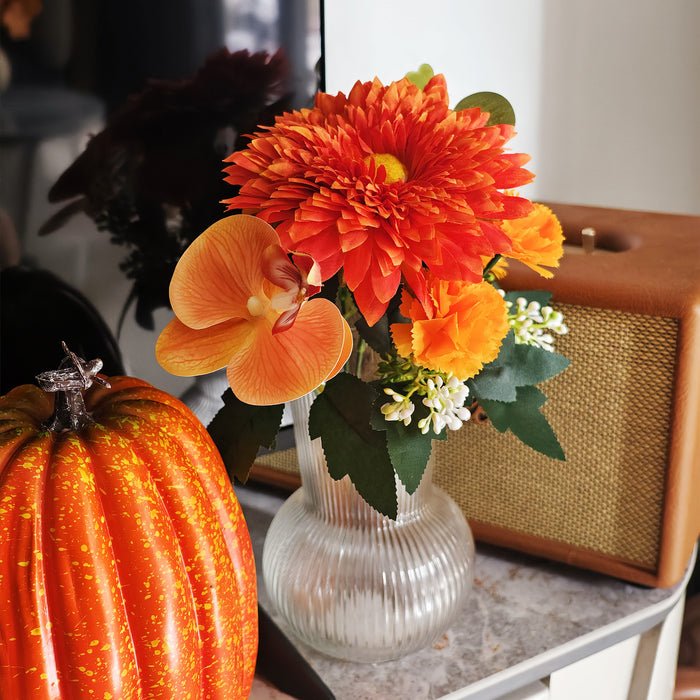 Bulk 11" 7 Stems Orange Flowers Bush Bouquet Sunflower Carnations Orchid for Autumn Decoration Wholesale