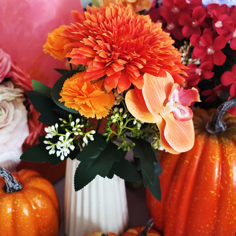 Bulk 11" 7 Stems Orange Flowers Bush Bouquet Sunflower Carnations Orchid for Autumn Decoration Wholesale