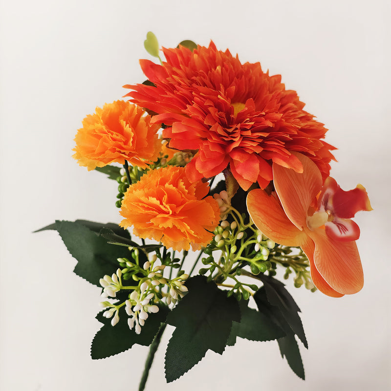 Bulk 11" 7 Stems Orange Flowers Bush Bouquet Sunflower Carnations Orchid for Autumn Decoration Wholesale