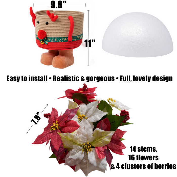 Bulk 24" Silk Poinsettia Berries Arrangement – Rattan Standing Deer Planter Christmas Home Decor Wholesale