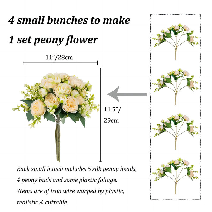 Paquete a granel de 12 "de 4 piezas Centros de mesa de ramo de peonía pequeña Flores de seda artificial al por mayor