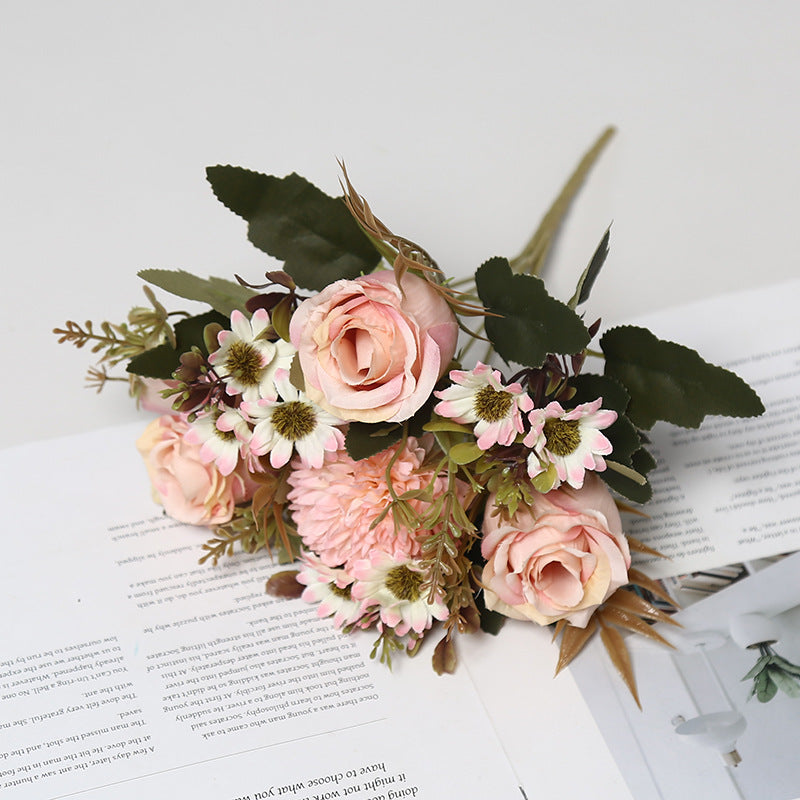 Bulk 11.8" Artificial Rose Bush Bouquet Mixed with Mum & Daisy Realistic Small Flowers for Table Small Arrangement Home Decor Wedding DIY Wholesale