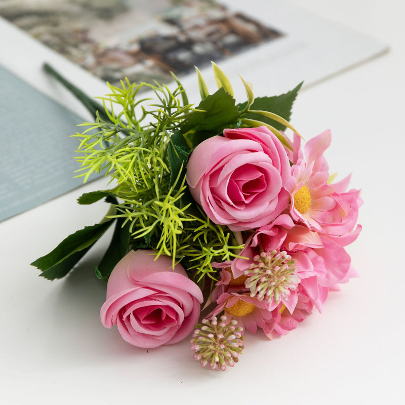 Bulk 13" Small Rose Bush Mixed with Daisy Dahlia Silk Flowers for Crafts Wholesale