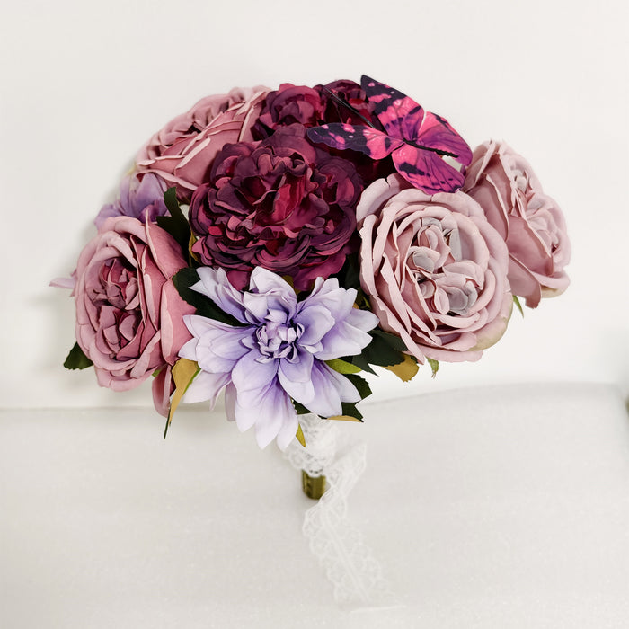 Bulk Luxury Box Plum Velvet Accent Artificial Silk Flowers Peony Dahlia with Stems for DIY Wedding
