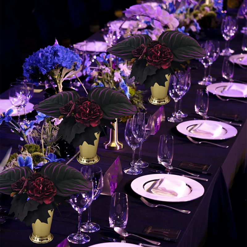 Bulk 8" Pre-Made Halloween Artificial Flower Arrangement – Black Purple Burgundy Blooms & Leaves in Elegant Golden Vase