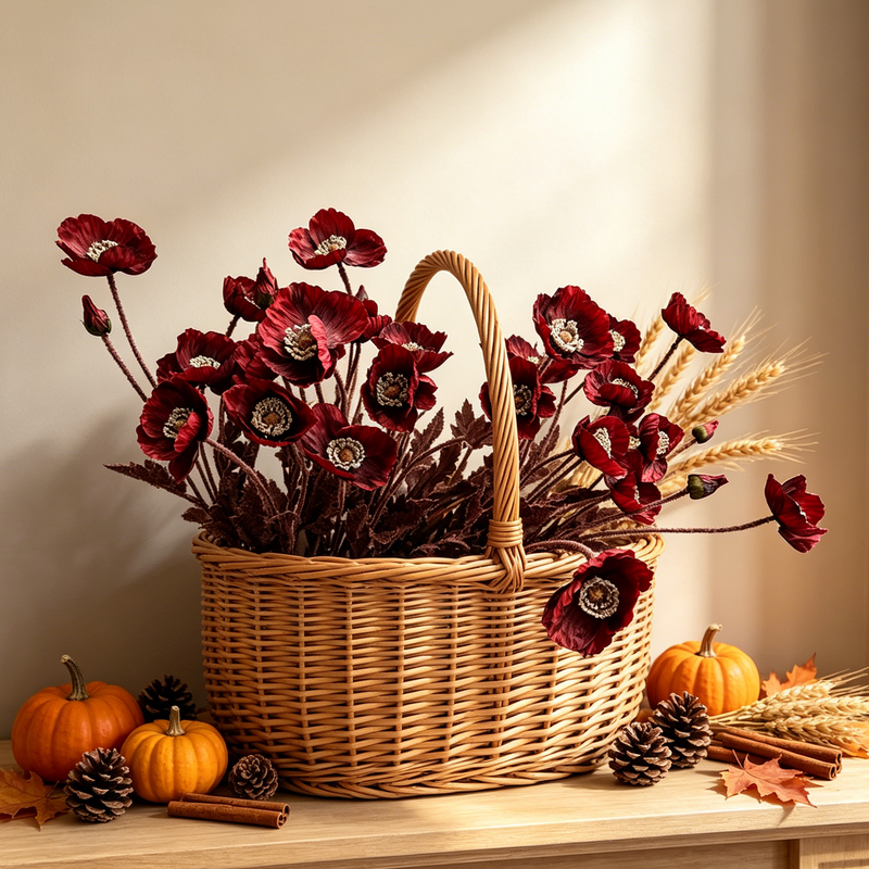Autumn Faux Poppy Stem, 24" Tall with 3 Blooms & 1 Bud Fall Artificial Flowers for Home Decor & Thanksgiving