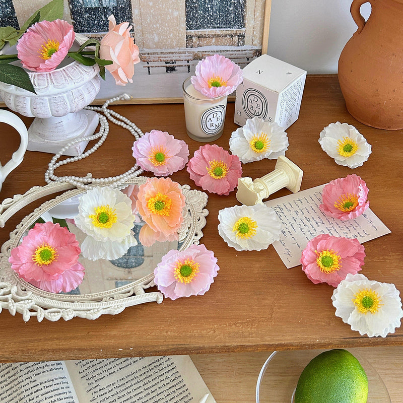 Lot de 10 têtes de fleurs de pavot en soie pour l'artisanat en gros