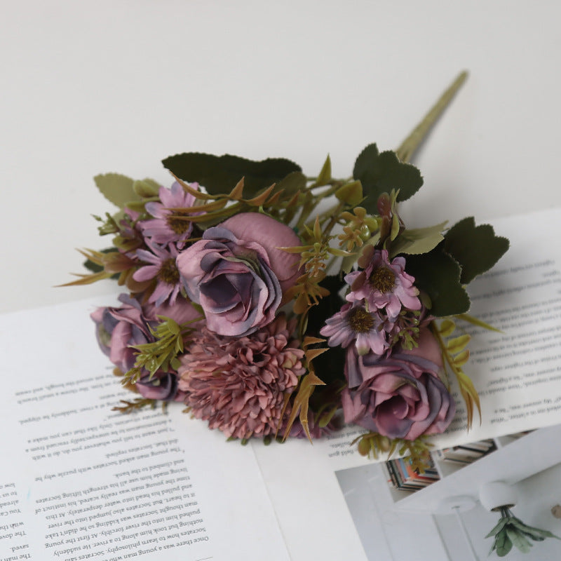 Bulk 11.8" Artificial Rose Bush Bouquet Mixed with Mum & Daisy Realistic Small Flowers for Table Small Arrangement Home Decor Wedding DIY Wholesale