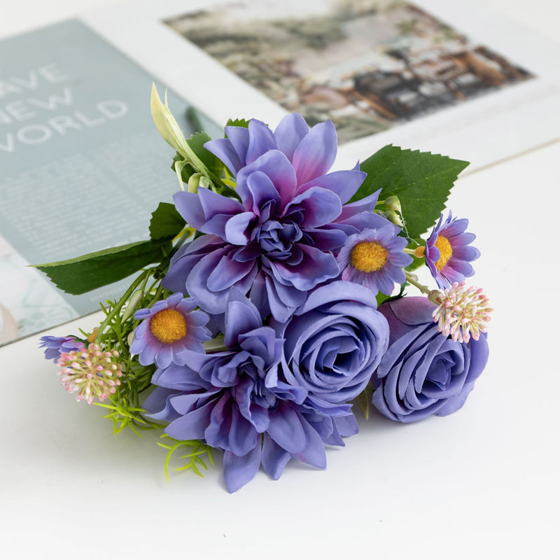 Bulk 13" Small Rose Bush Mixed with Daisy Dahlia Silk Flowers for Crafts Wholesale