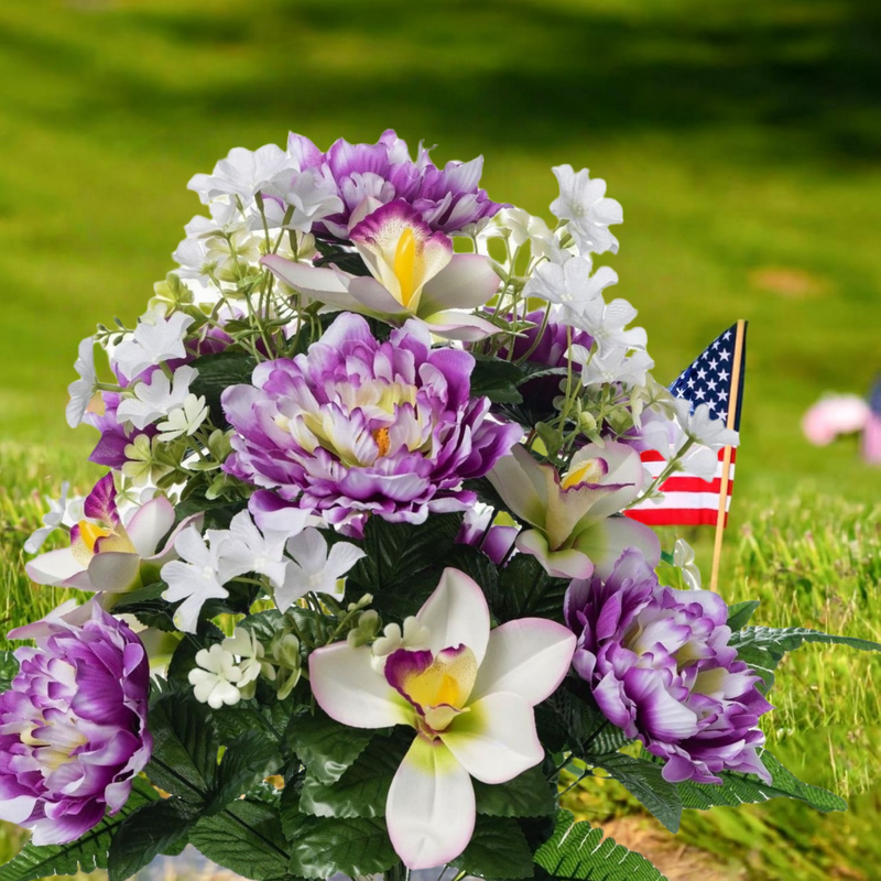 Bulk 2 Sets 18" Large Artificial Cemetery Flowers with Vase for Grave Wholesale