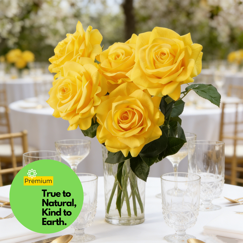 Premium 25.6" Real Touch Yellow Rose Stems- Lifelike Silk Floral Arrangements for Weddings & Home Decor